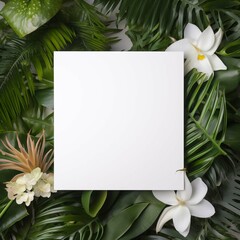 Square white card lying on a jungle leaf background with flowers Generative AI
