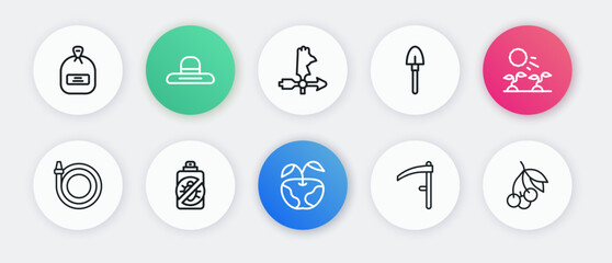 Set line Apple, Plant sprouts grow in the sun, Garden hose, Scythe, Shovel, Rooster weather vane, Fresh berries and Spray against insects icon. Vector