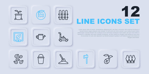 Set line Sprout, Fruit trees, Watering can, Wooden axe, Seeds of specific plant, Bucket, Eco healthy food and Shovel the ground icon. Vector