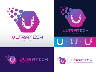 Ultra tech Modern Abstract Logo Design Vector Template with Isolated Background.
U Letter Design Vector with Polygons.
Hexagon U Letter Logo Template.