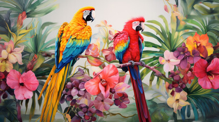 Parrot and Floral Beauty Colorful Bird and Exquisite Blooms Together.