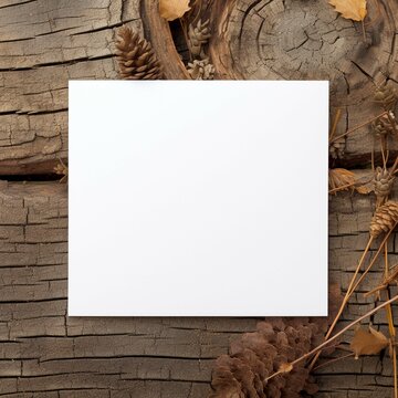 Blank square white card lying on a old wooden background Generative AI