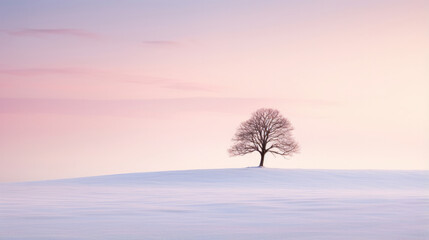 Serene minimalist winter scene featuring a solitary tree in nature.