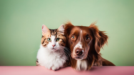 Dog and cat together, cute pets, isolated banner with copy space