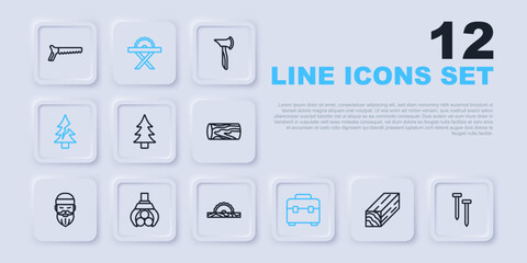 Set line Wooden beam, Metallic nails, Tree, Toolbox, Grapple crane grabbed log, Electric circular saw and icon. Vector