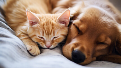 Dog and cat, cute pets sleeping together at home
