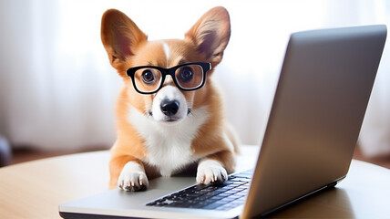 Corgi, funny dog and laptop, cute pet with glasses