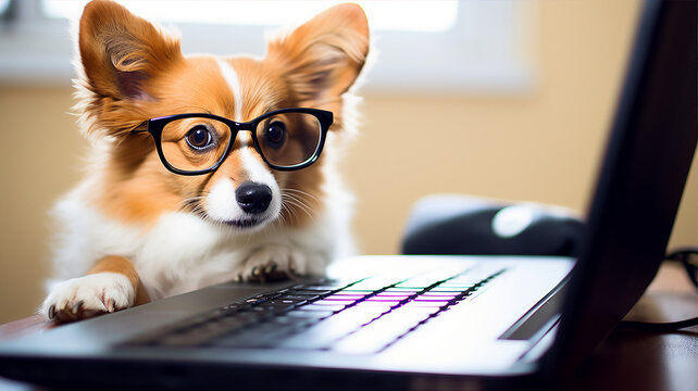 Corgi, funny dog and laptop, cute pet with glasses