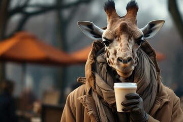 Portrait of giraffe outdoors in coat, drinking coffee from cup on autumn day, wearing gloves. Cute...
