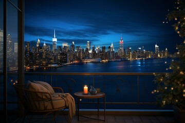 Beautiful balcony with a cityscape skyline view. Modern Architecture. Night city view.