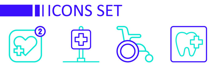 Set line Dental clinic location, Wheelchair for disabled person, Location hospital and Mobile with heart rate icon. Vector