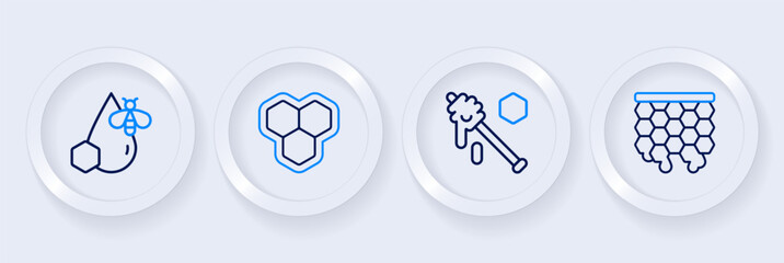 Set line Honeycomb, dipper stick, and Bee and honeycomb icon. Vector