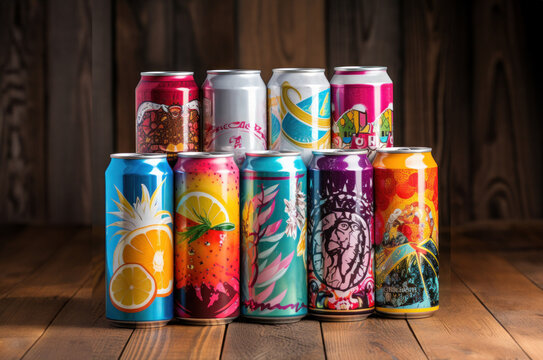 Collection of bright and colorful soda cans, a refreshing sight.