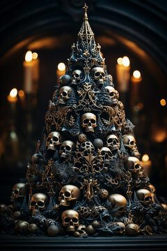 Dark fantasy ornamental Christmas tree made of skulls with candles in the background, gothic mystic holidays