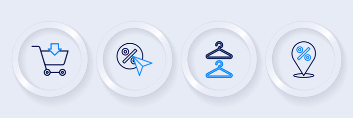 Set line Location with percent, Hanger wardrobe, Discount tag and Add to Shopping cart icon. Vector