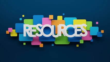3D render of RESOURCES typography with colorful squares on dark blue background