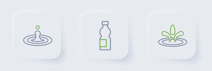 Set line Water drop, Bottle of water and icon. Vector