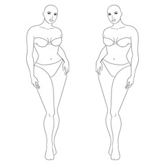 Plus size female fashion figure posing, vector template. Curvy woman body vector line illustration. Curvy fashion model croqui.