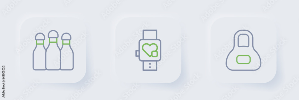 Sticker Set line Weight, Smart watch with heart and Bowling pin icon. Vector