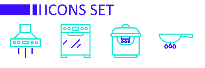 Set line Frying pan on fire, Slow cooker, Oven and Kitchen extractor fan icon. Vector