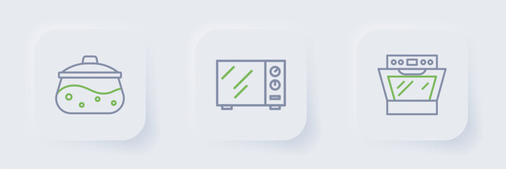 Set line Oven, Microwave oven and Cooking pot icon. Vector