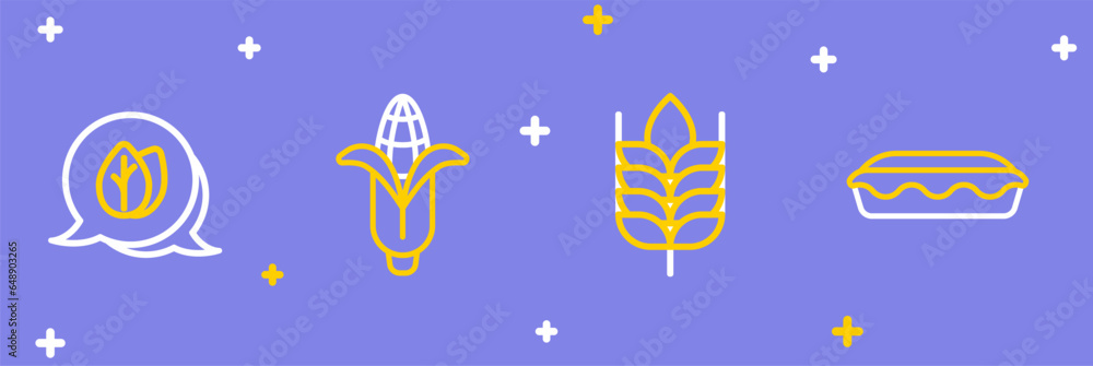 Poster Set line Homemade pie, Wheat, Corn and Leaf icon. Vector