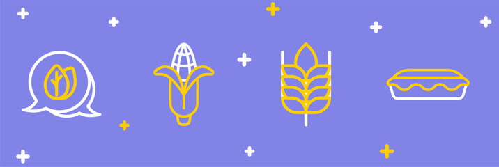 Set line Homemade pie, Wheat, Corn and Leaf icon. Vector