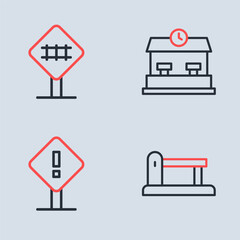 Set line Railway station, Exclamation mark in square, Railway, railroad track and Railroad crossing icon. Vector