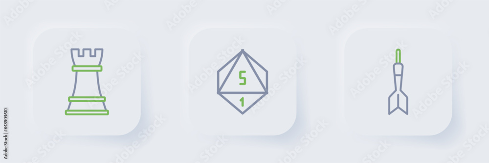 Poster set line dart arrow, game dice and chess icon. vector