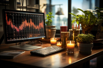 stock exchange worker's desktop with charts on computer. finance analysis, stock trading concept.