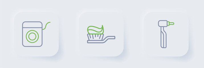 Set line Tooth drill, Toothbrush with toothpaste and Dental floss icon. Vector