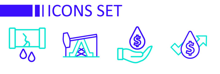 Set line Oil price increase, drop with dollar symbol, pump or pump jack and Broken oil pipe valve icon. Vector