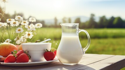 Fototapeta premium jug with milk and fresh fruits summer field background