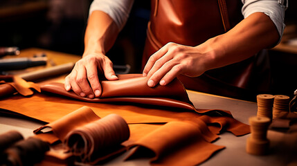 Tailor cobbler hold different rolls natural brown leather, working with textile in workshop