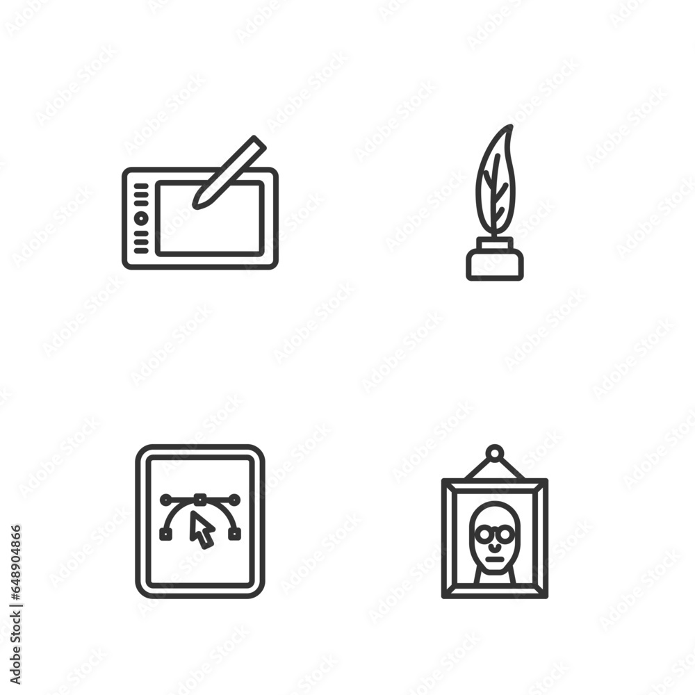 Poster set line picture, computer with design program, graphic tablet and feather and inkwell icon. vector