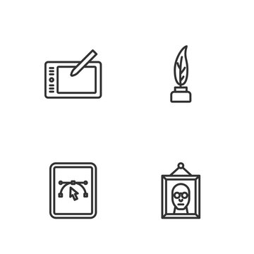 Set line Picture, Computer with design program, Graphic tablet and Feather and inkwell icon. Vector
