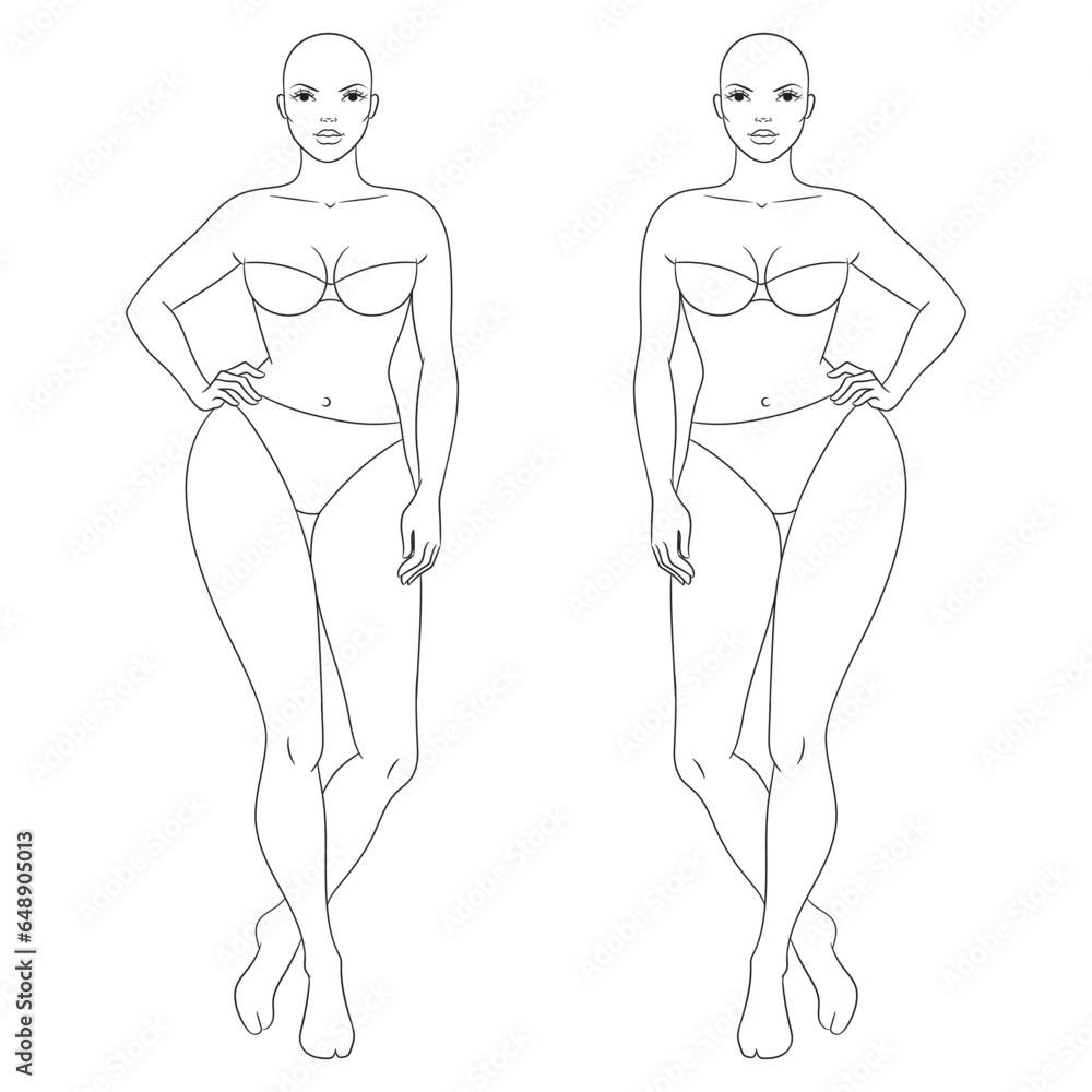 Wall mural Plus size female fashion figure posing, vector template. Curvy woman body vector line illustration. Curvy fashion model croqui.