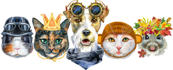 Border from watercolor portraits of dog, guinea pig, cats and rat