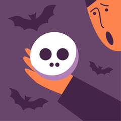 Halloween 2023 celebration concept. Scared guy holding a skull in his hand. Scary atmosphere with bat silhouette. Flat vector illustration in cartoon style.