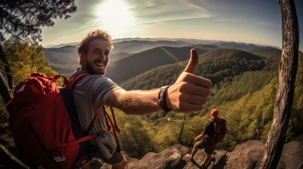 Fotobehang Adventurous Hikers Exploring the Wilderness Together. Show Thumbs Up © STOCK-AI