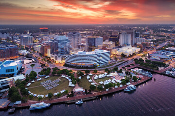 Norfolk, Virginia, USA downtown city skyline from over the Elizabeth River