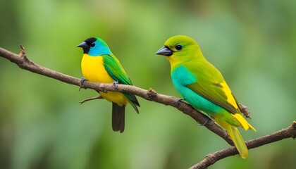 Two Cute multicolor birds staying in the tree brunch isolated with forest background.