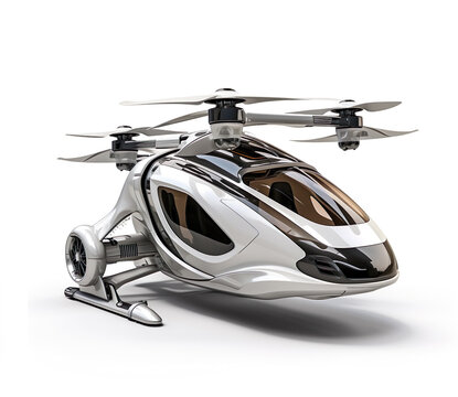 Drone helicopter chopper aircraft flying car auto futuristic style symbolic isolated on white background. Concept generative AI image.