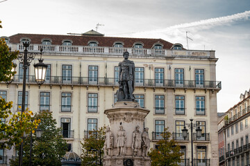 View of Luis de Camoes Square in the historic center of Lisbon. View of Camoes Statue in the center...