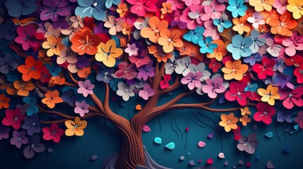 Colorful tree with leaves on the background of hanging branches illustration. Abstract wallpaper. Flower tree with colorful leaves