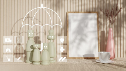 Security protection and health insurance concept. Wooden peg dolls model depicting a family protected by insurance with icons related to health insurance. health care day