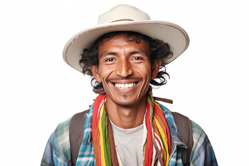 advertising portrait of smiling young man with Latin, Hispanic, Mexican, Colombian features, looks like farmer. Wearing hat. Somewhat wild looking. Isolated background. Advertising image