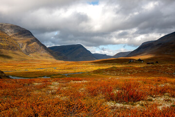 Mountains around Salka Mountain Hut on Kungsleden hiking trail in early September, Lapland, Sweden