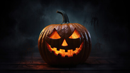 Halloween pumpkin concept in a spooky field of mystery.