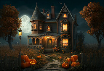 Creepy pumpkin house. AI Generated